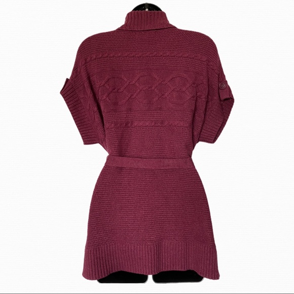 Burgundy Short Sleeve Open Front Cardigan w/ Belt - Picture 4 of 8